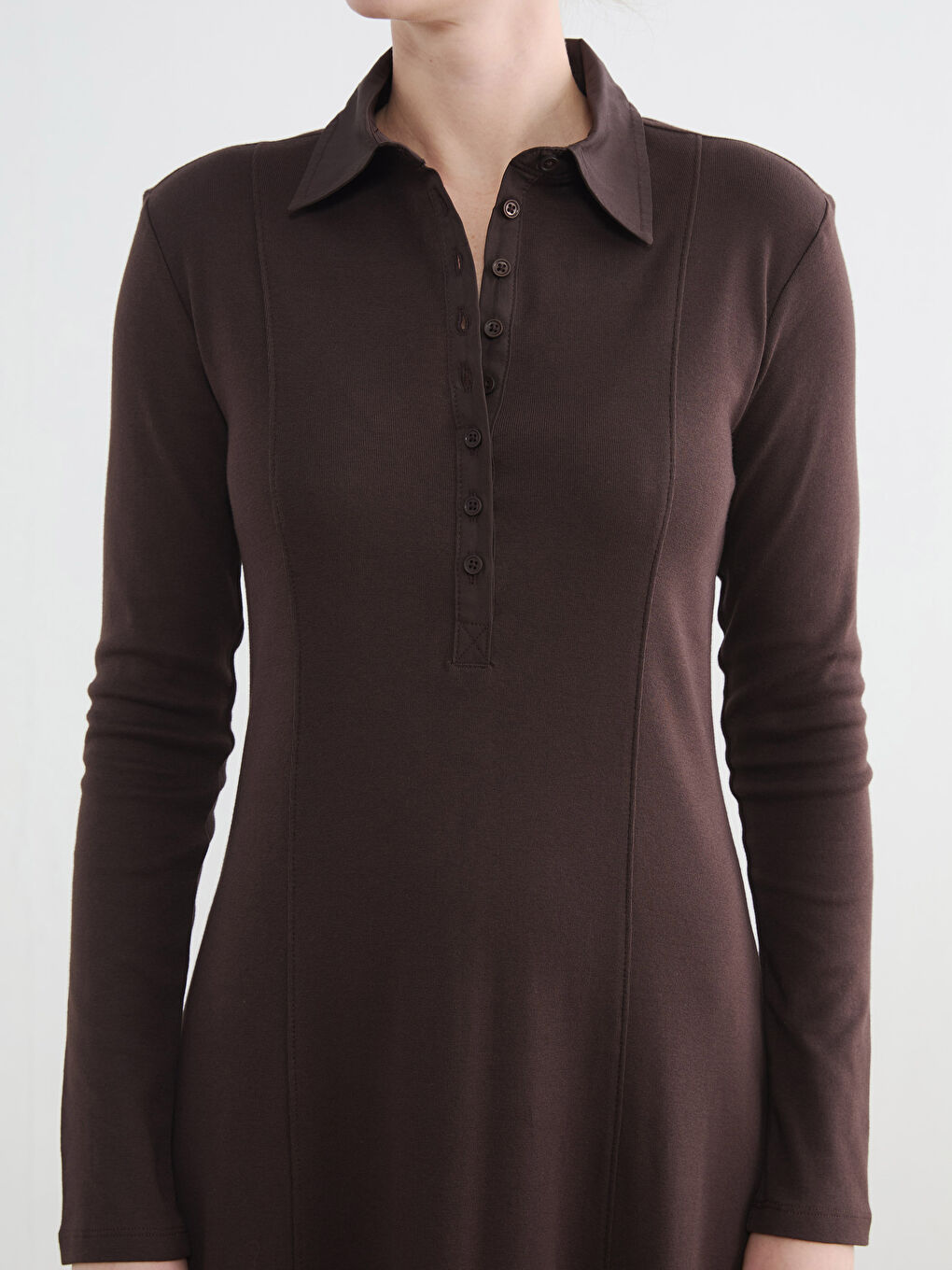 Kahverengi Gömlek Yaka Belden Oturmalı Elbise-2