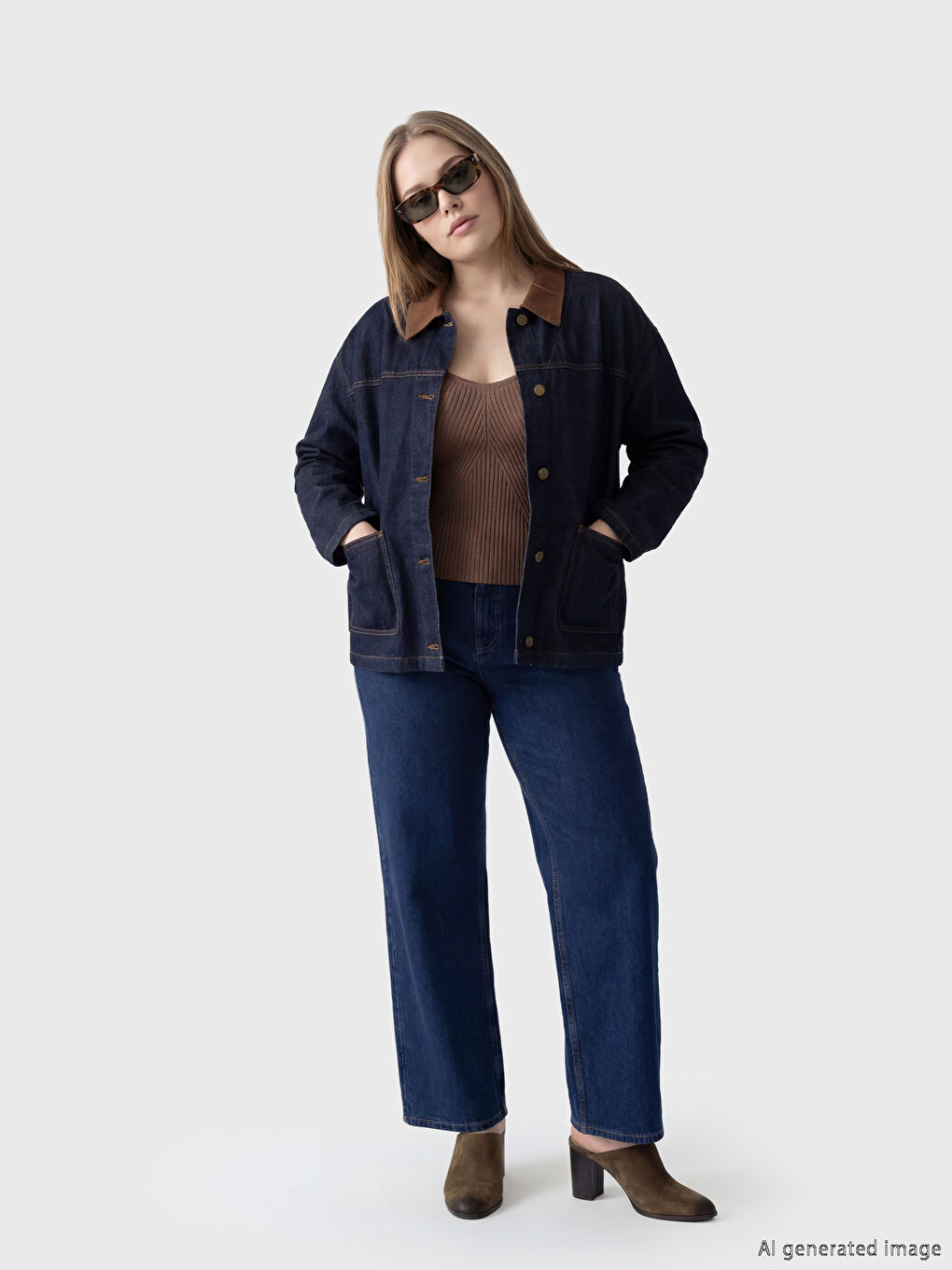 Lacivert Kadife Gömlek Yaka Kadın Jean Ceket-1