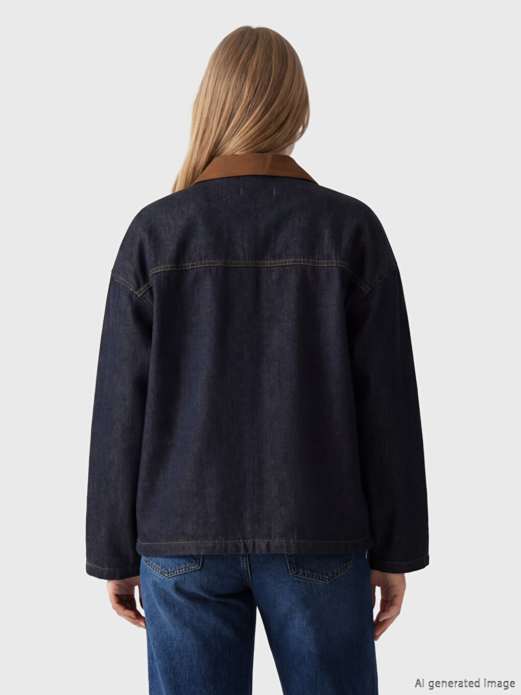 Lacivert Kadife Gömlek Yaka Kadın Jean Ceket-3
