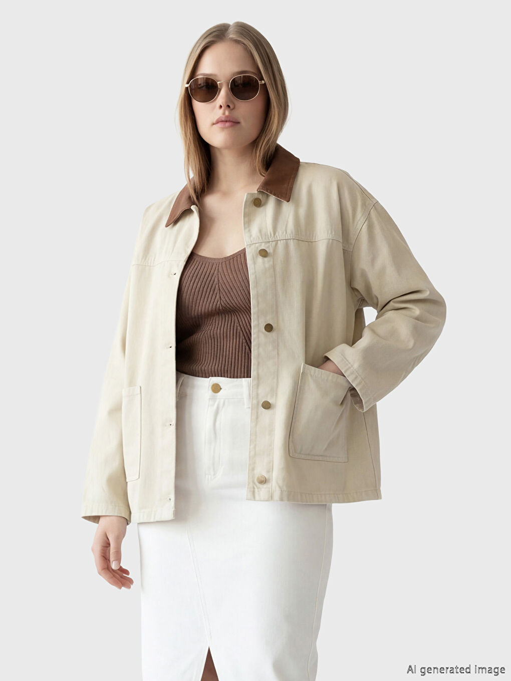 Bej Kadife Gömlek Yaka Kadın Jean Ceket