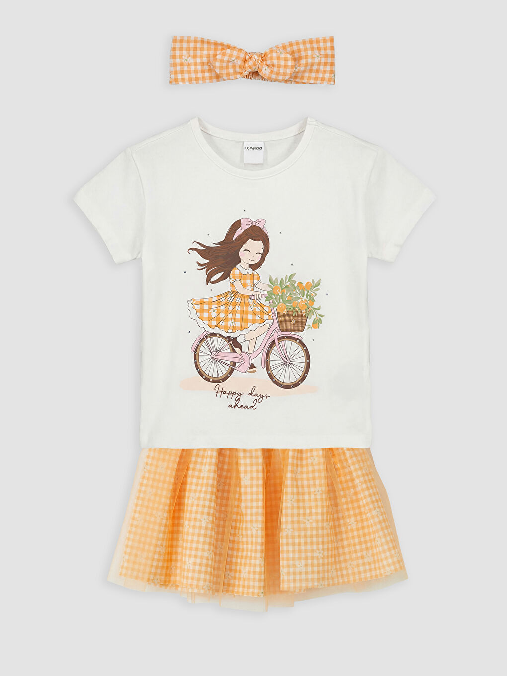 Ekru Kız Çocuk Tişört, Etek ve Saç Bandı