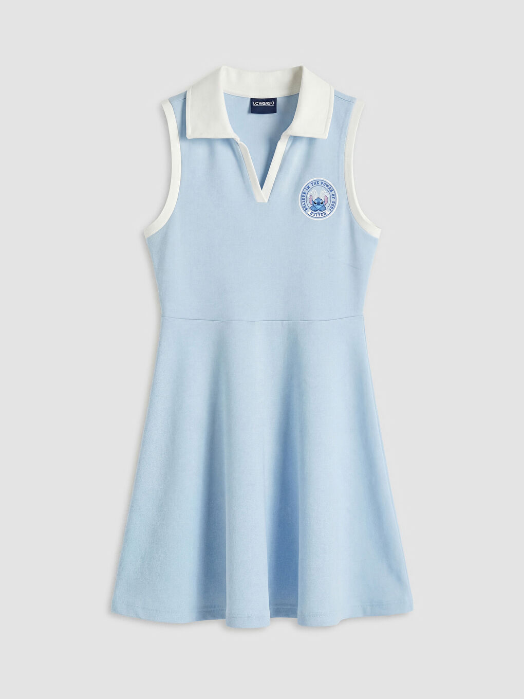 Mavi Polo Yaka Stitch Baskılı Kız Çocuk Elbise-3