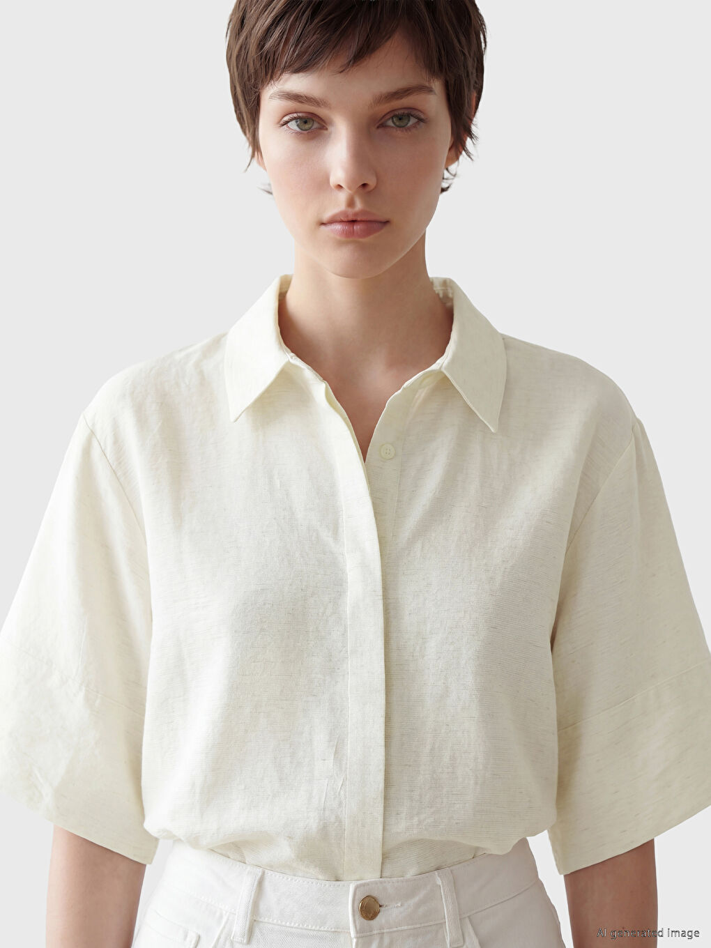 Ekru Keten Karışımlı Kadın Gömlek-1