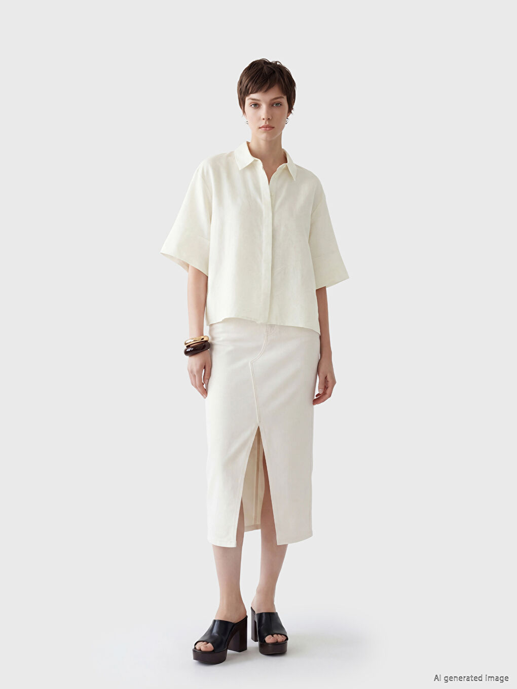 Ekru Keten Karışımlı Kadın Gömlek-2