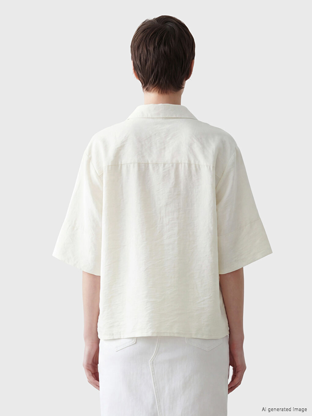 Ekru Keten Karışımlı Kadın Gömlek-3