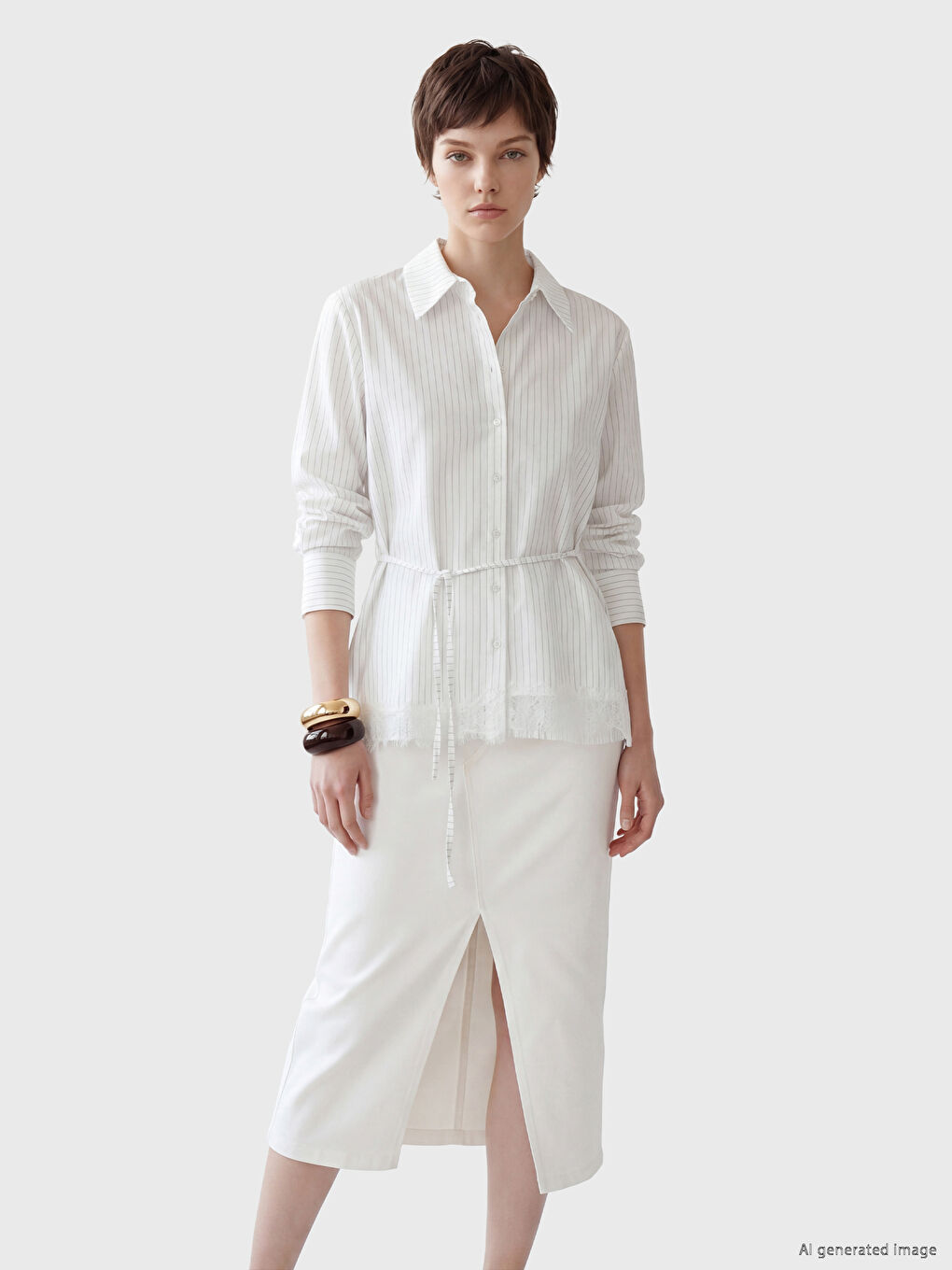 Mavi Çizgili Kuşaklı Kadın Gömlek