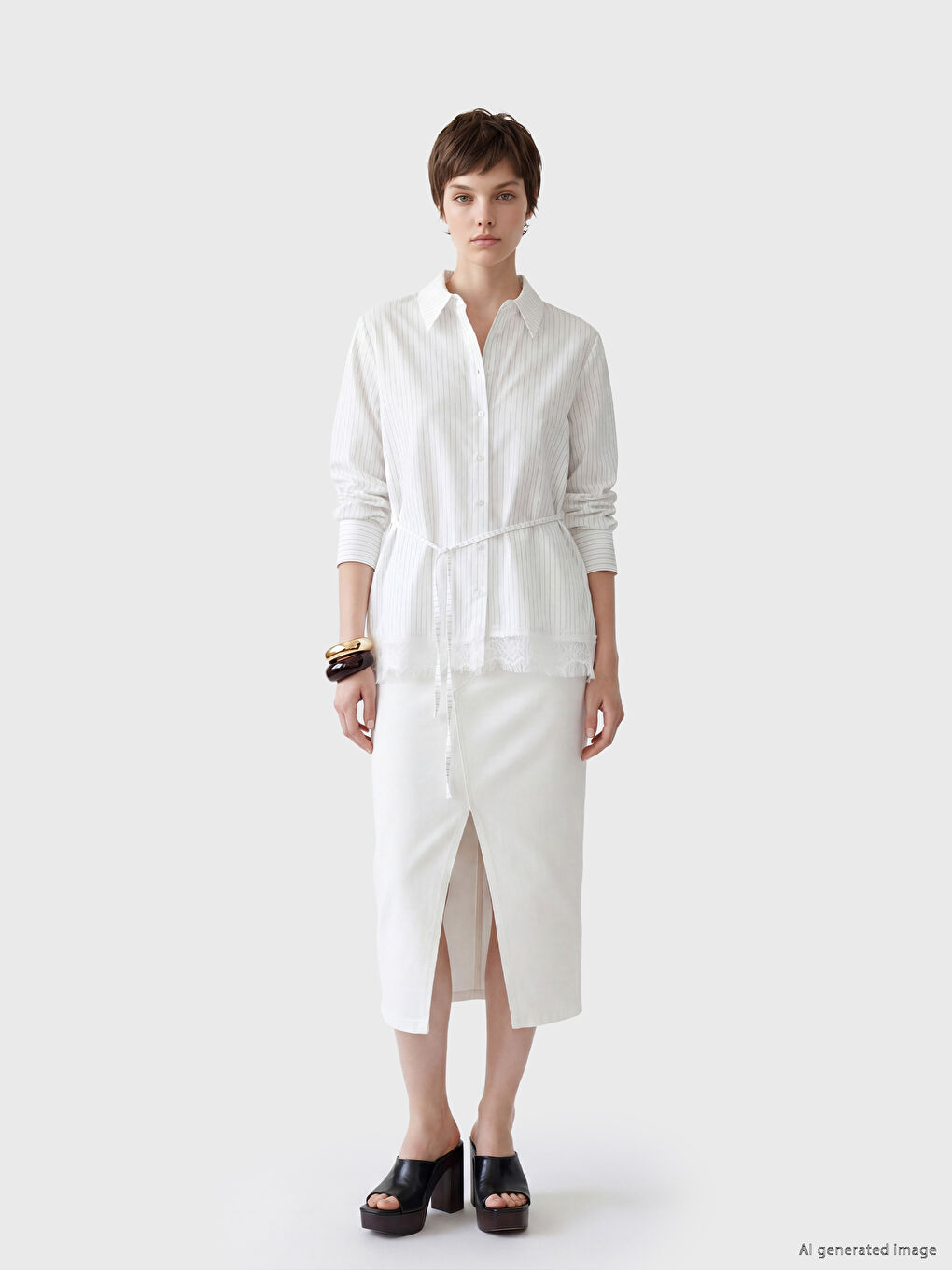 Mavi Çizgili Kuşaklı Kadın Gömlek-1