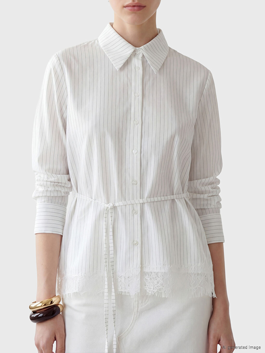 Mavi Çizgili Kuşaklı Kadın Gömlek-2