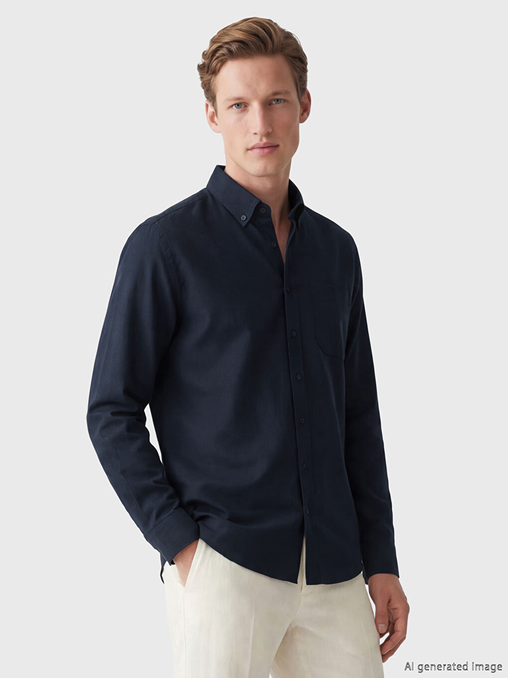 Lacivert Regular Fit Keten Karışımlı Erkek Gömlek
