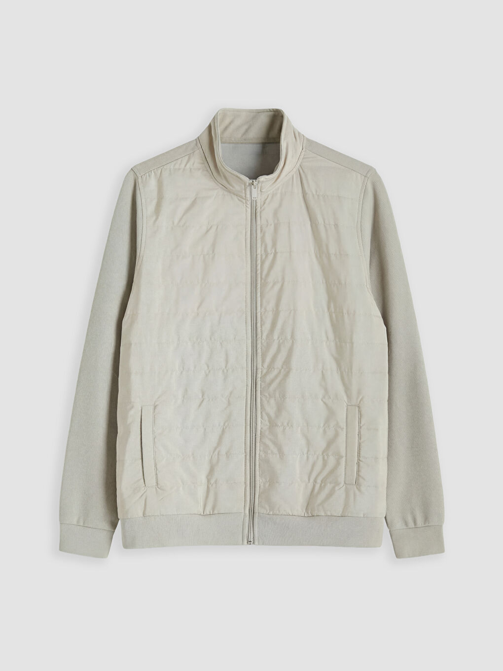 Bej Dik Yaka Erkek Kapitone Fermuarlı Sweatshirt-5