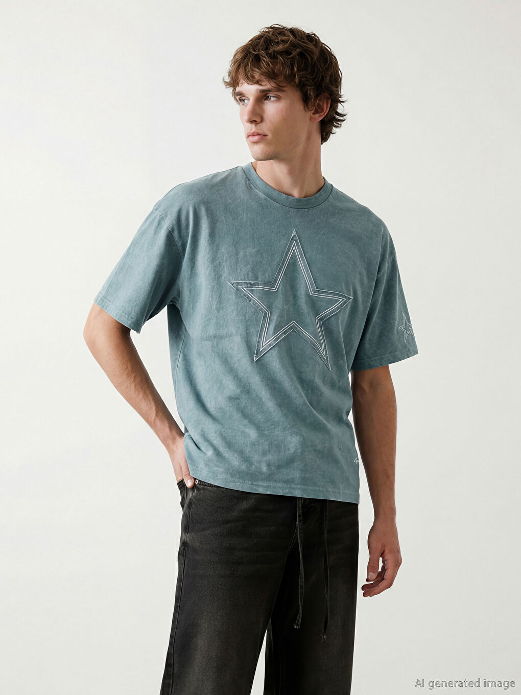 Turkuaz Bisiklet Yaka Nakışlı Erkek Tişört