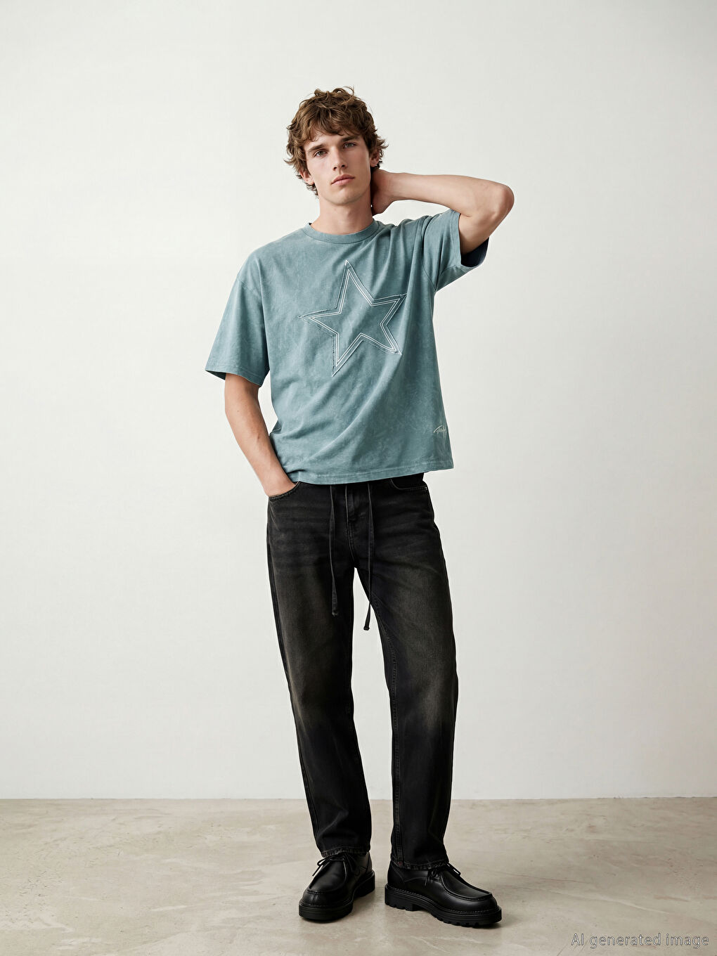 Turkuaz Bisiklet Yaka Nakışlı Erkek Tişört-1