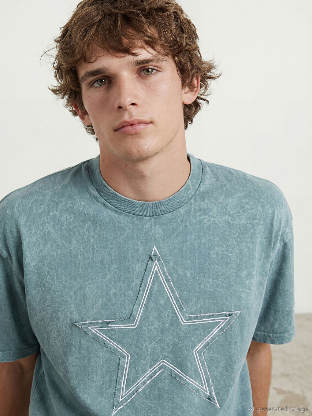 Turkuaz Bisiklet Yaka Nakışlı Erkek Tişört-2