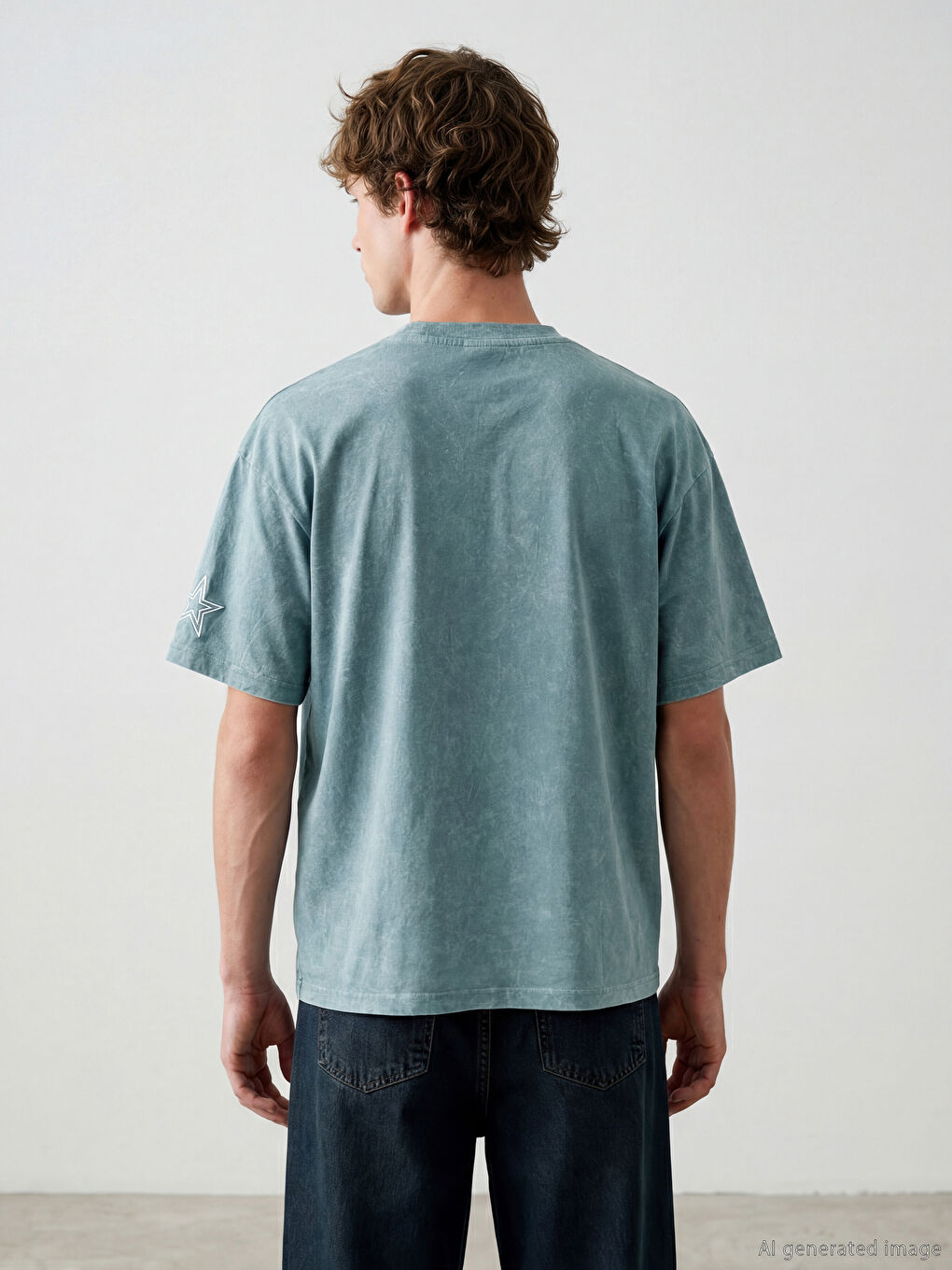 Turkuaz Bisiklet Yaka Nakışlı Erkek Tişört-3