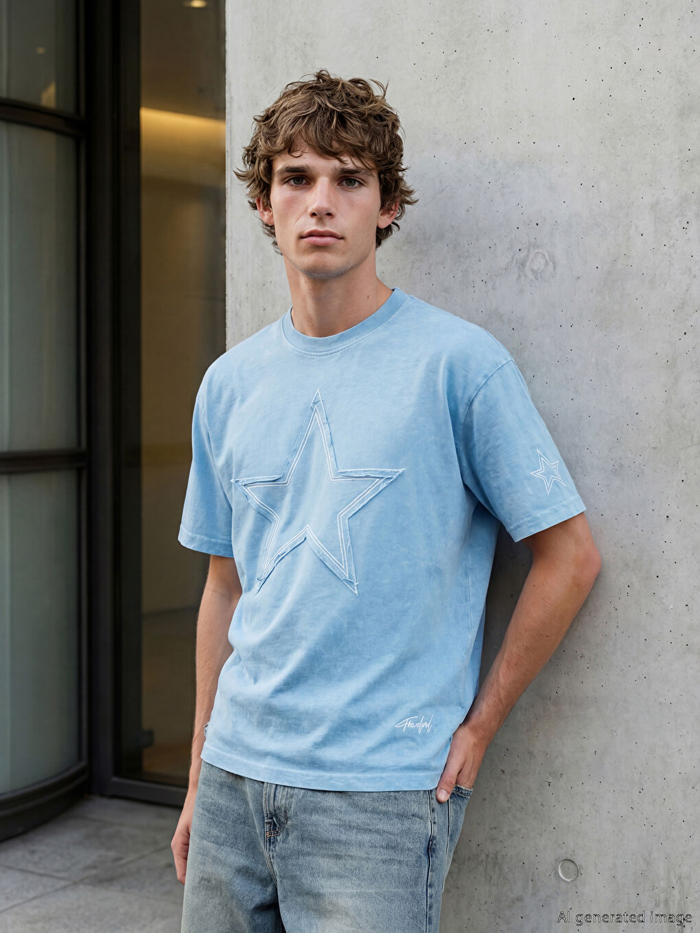 Mavi Bisiklet Yaka Nakışlı Erkek Tişört