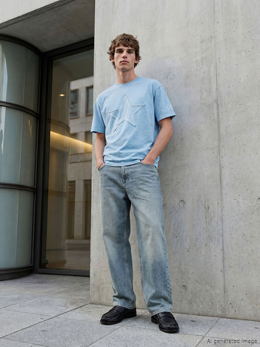 Mavi Bisiklet Yaka Nakışlı Erkek Tişört-1