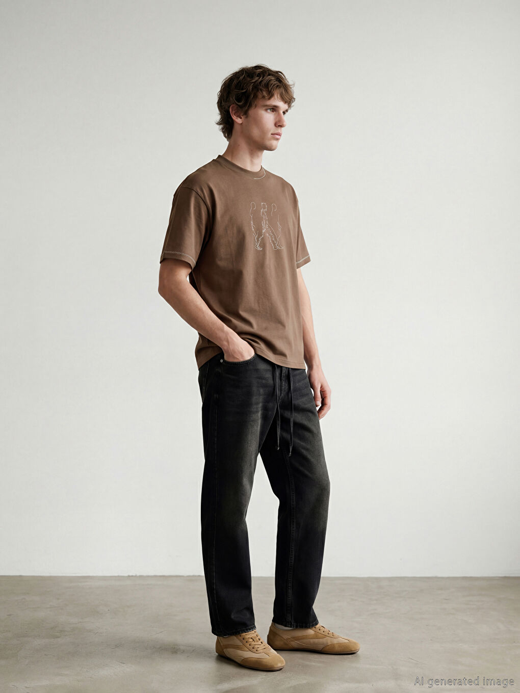 Kahverengi Bisiklet Yaka Nakışlı Erkek Tişört-1