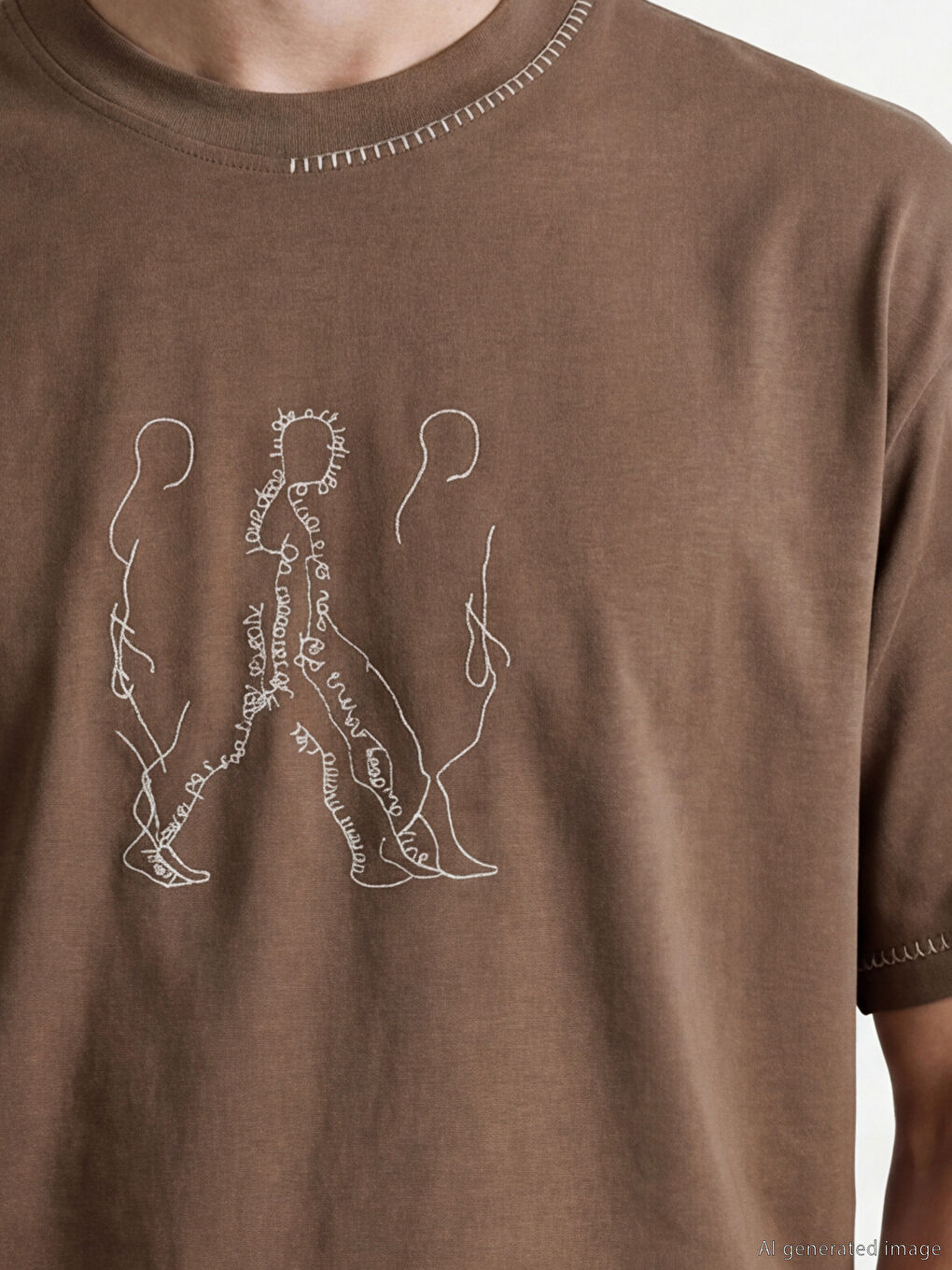 Kahverengi Bisiklet Yaka Nakışlı Erkek Tişört-2