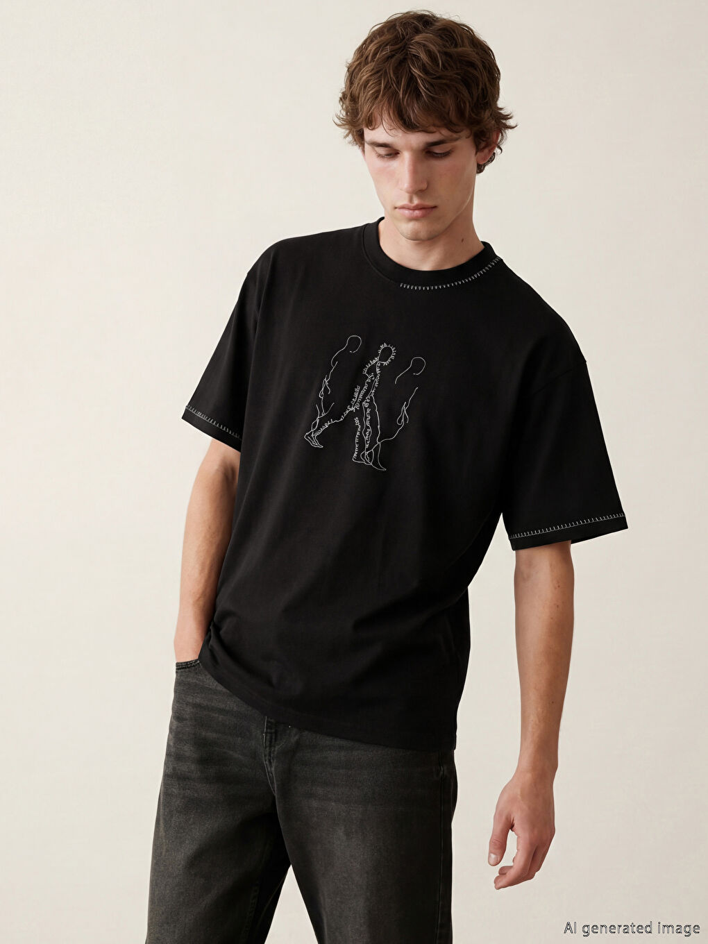 Siyah Bisiklet Yaka Nakışlı Erkek Tişört