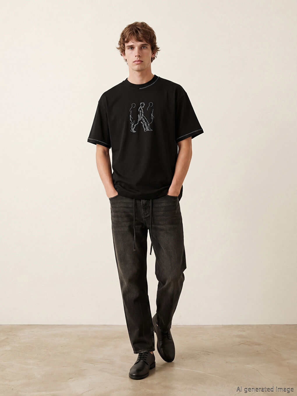 Siyah Bisiklet Yaka Nakışlı Erkek Tişört-1