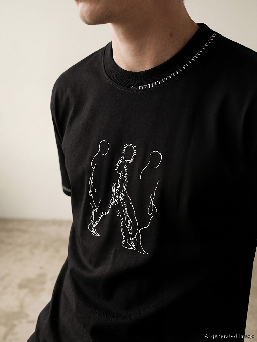 Siyah Bisiklet Yaka Nakışlı Erkek Tişört-2