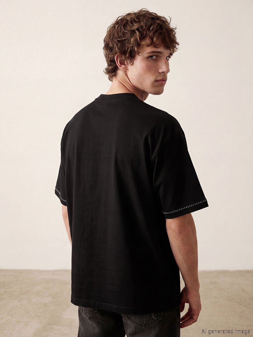 Siyah Bisiklet Yaka Nakışlı Erkek Tişört-3