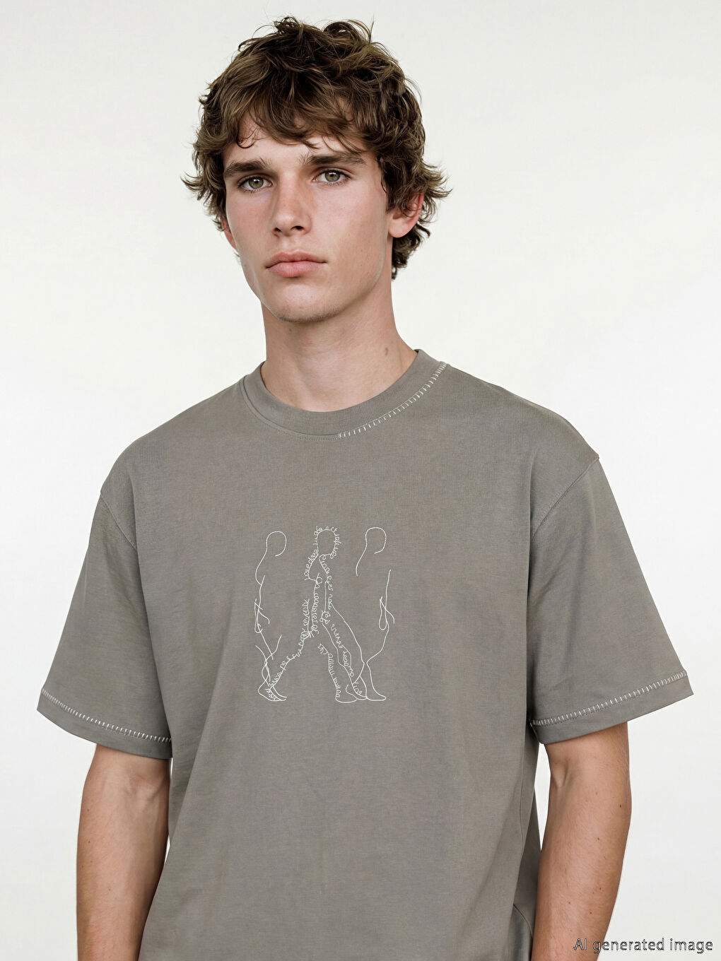 Gri Bisiklet Yaka Nakışlı Erkek Tişört