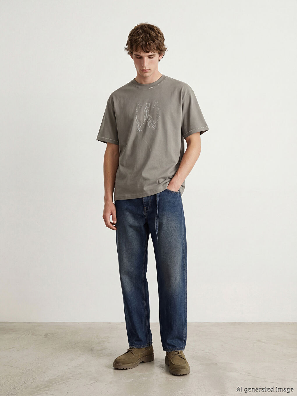 Gri Bisiklet Yaka Nakışlı Erkek Tişört-1