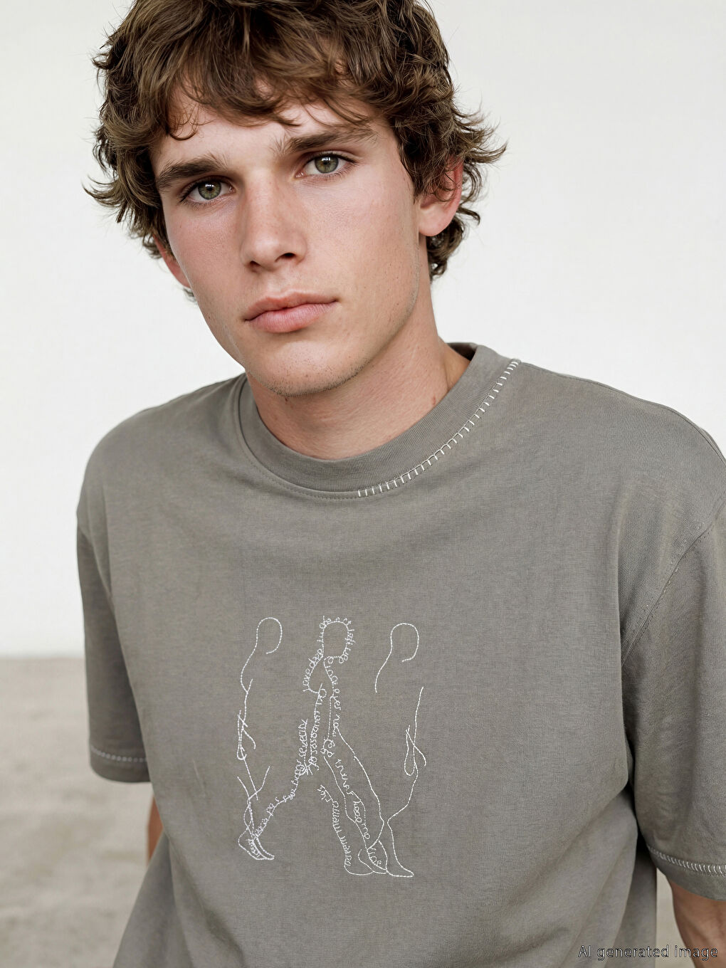 Gri Bisiklet Yaka Nakışlı Erkek Tişört-2