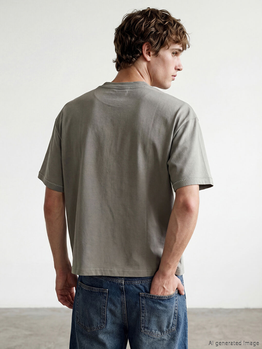 Gri Bisiklet Yaka Nakışlı Erkek Tişört-3