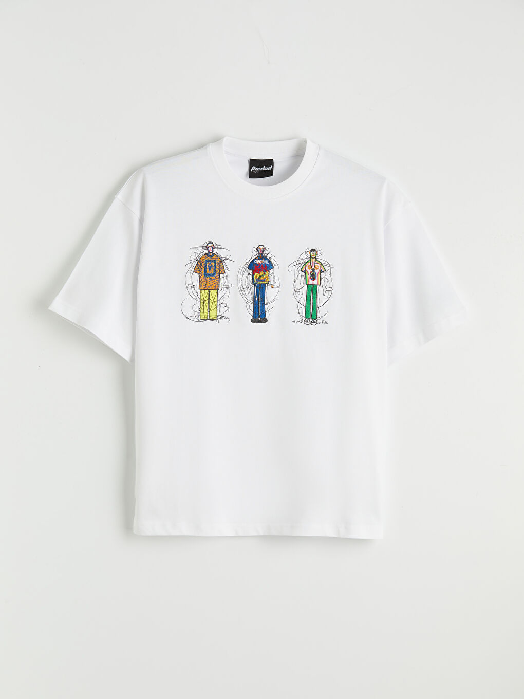 Beyaz Bisiklet Yaka Nakışlı Erkek Tişört