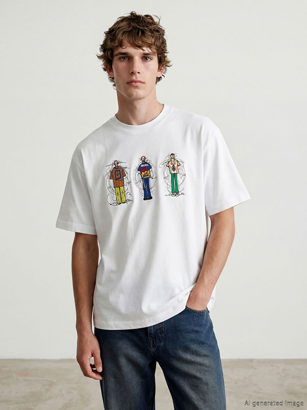 Beyaz Bisiklet Yaka Nakışlı Erkek Tişört