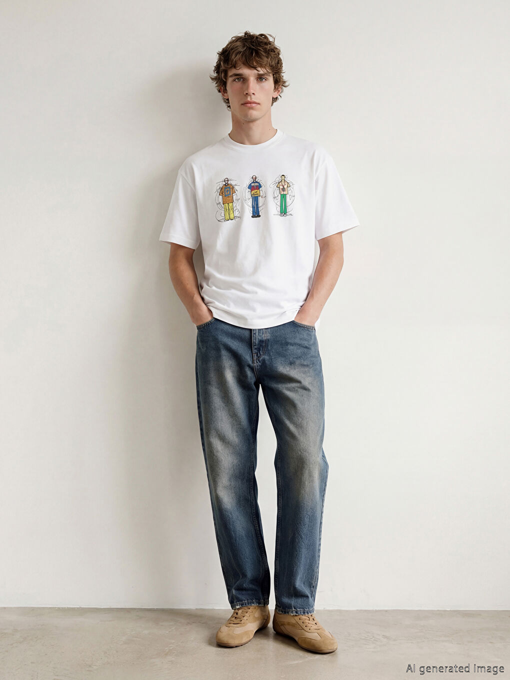 Beyaz Bisiklet Yaka Nakışlı Erkek Tişört-1