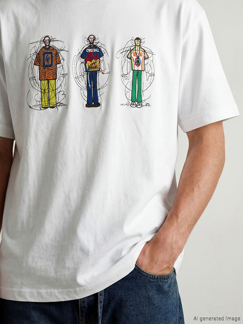 Beyaz Bisiklet Yaka Nakışlı Erkek Tişört-2