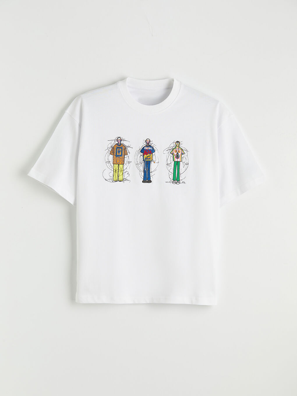 Beyaz Bisiklet Yaka Nakışlı Erkek Tişört-4