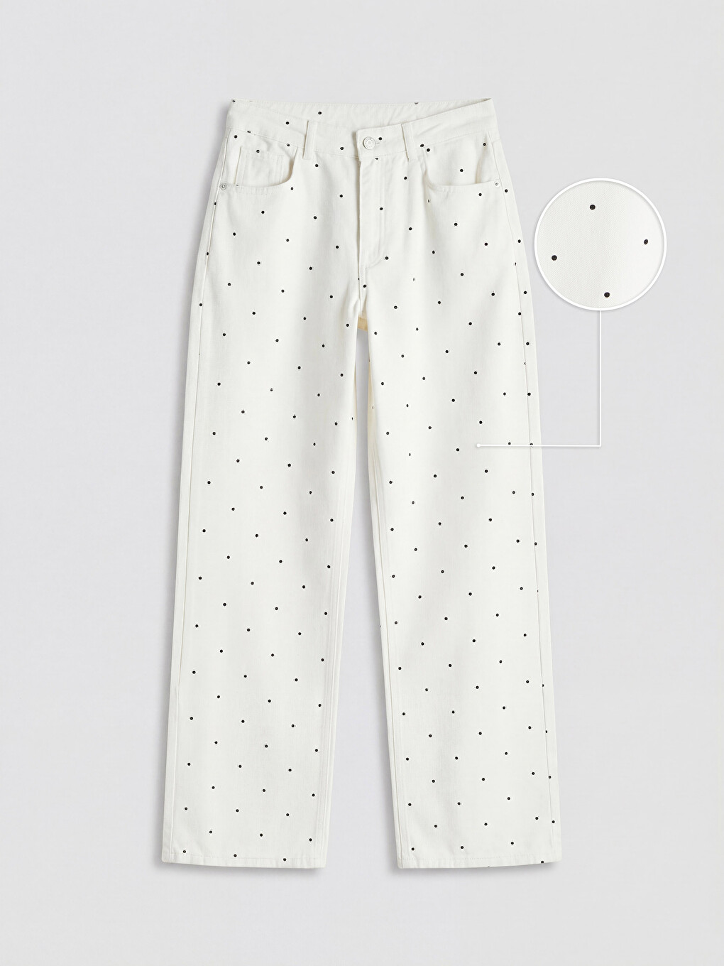 Beyaz Puantiyeli Straight Fit Kadın Jean Pantolon-4