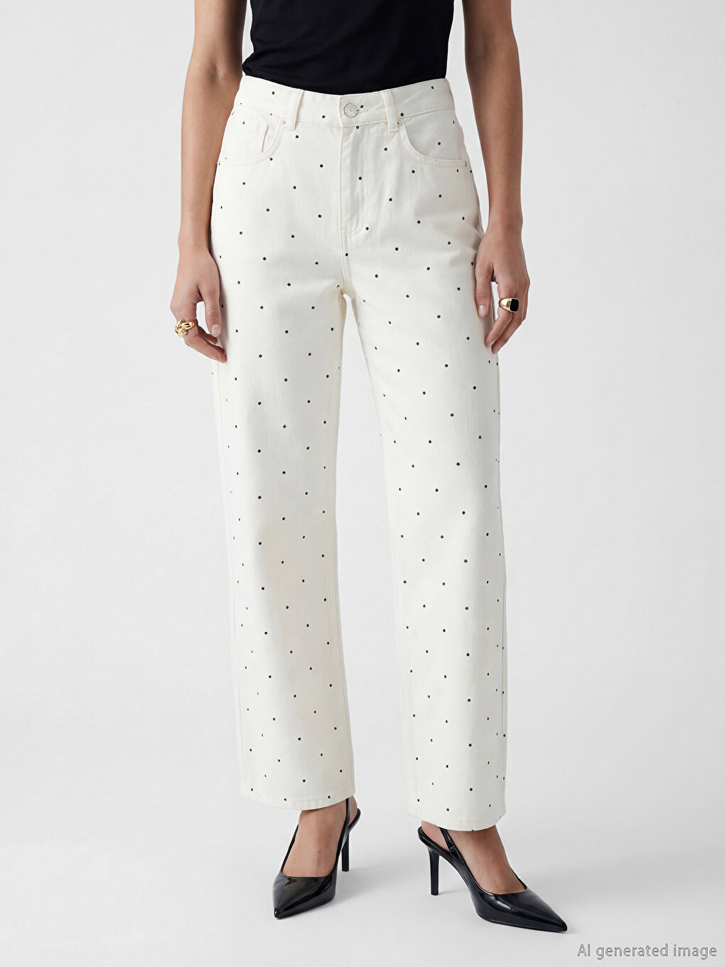 Beyaz Puantiyeli Straight Fit Kadın Jean Pantolon-2