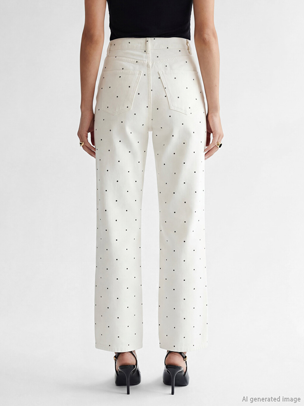 Beyaz Puantiyeli Straight Fit Kadın Jean Pantolon-3