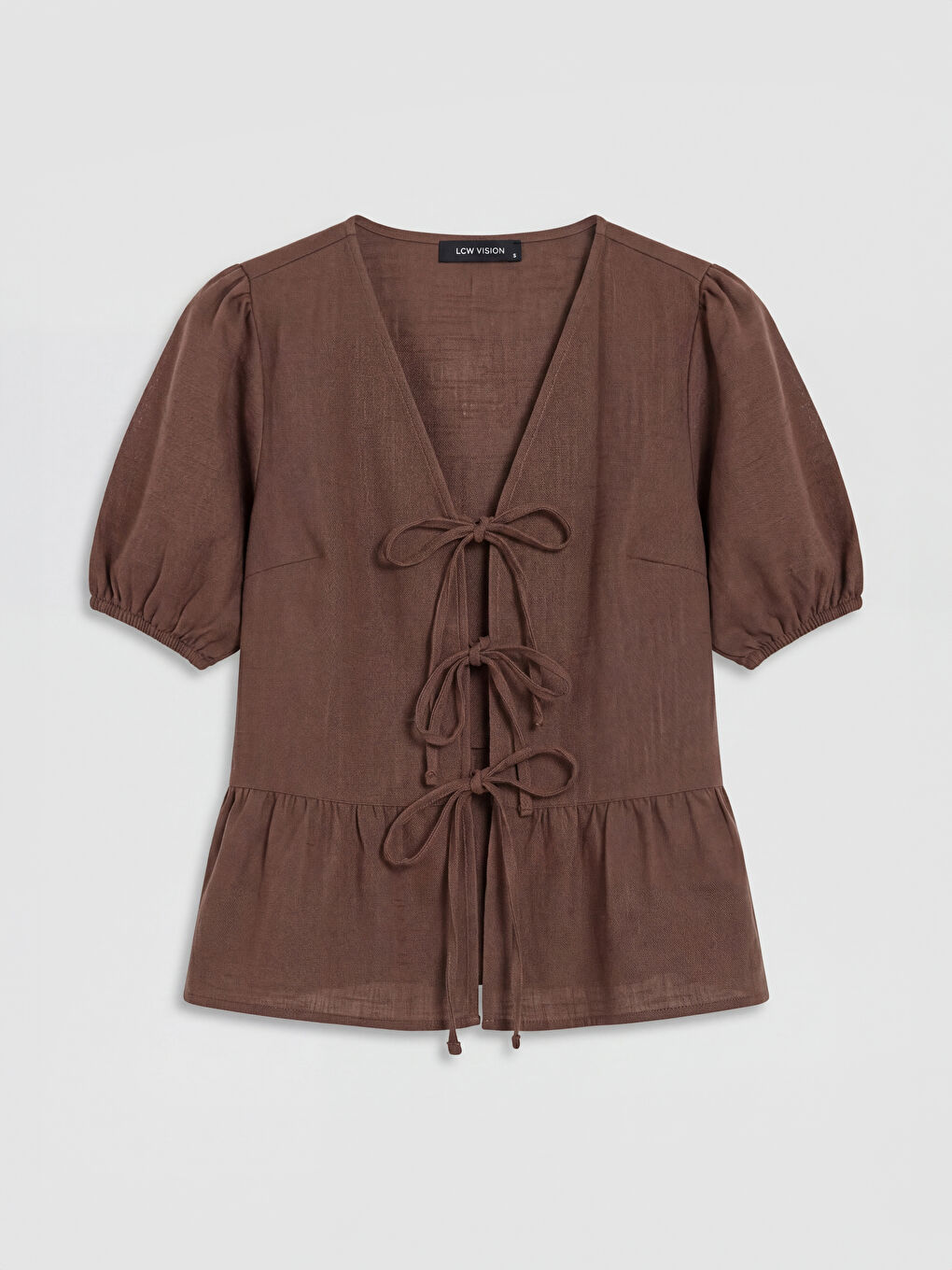 Kahverengi V Yaka Balon Kollu Bluz