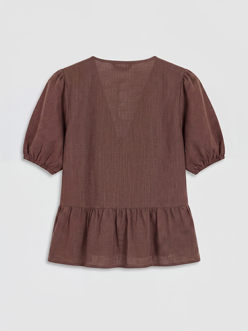 Kahverengi V Yaka Balon Kollu Bluz-1