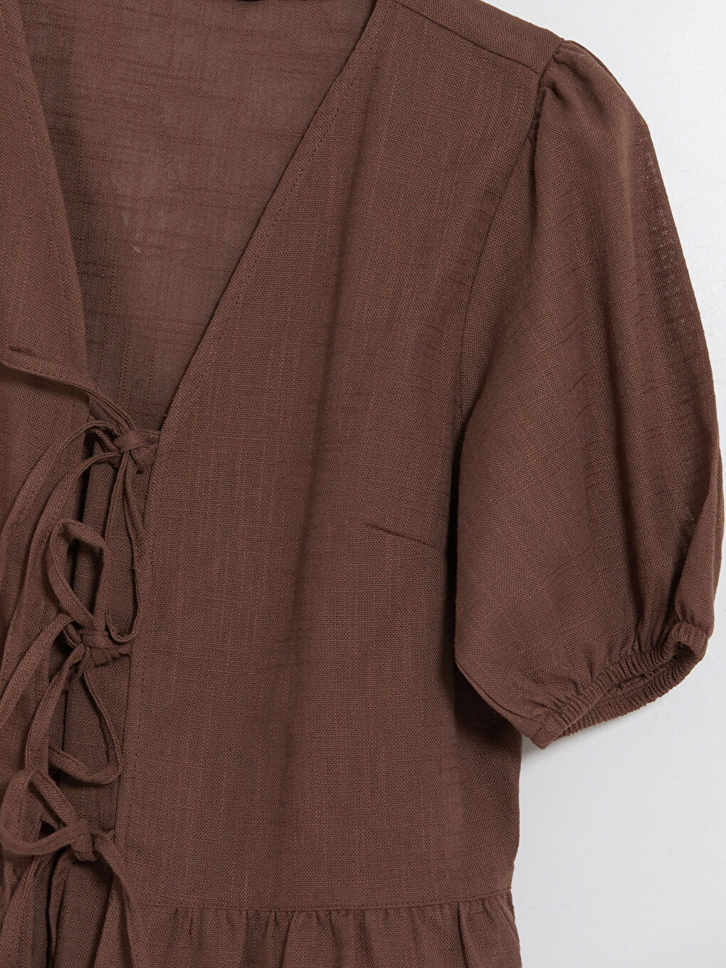 Kahverengi V Yaka Balon Kollu Bluz-2