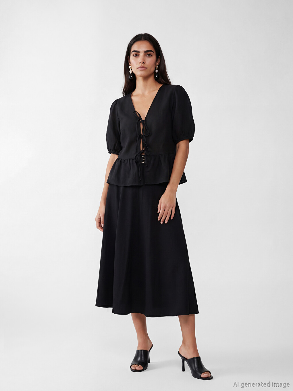 V Neck Puff Sleeve Blouse-1