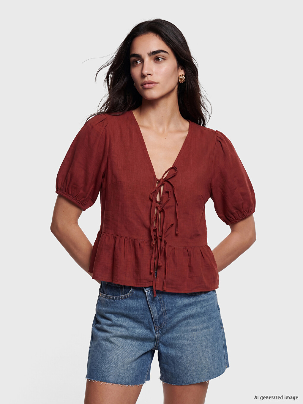 V Neck Puff Sleeve Blouse