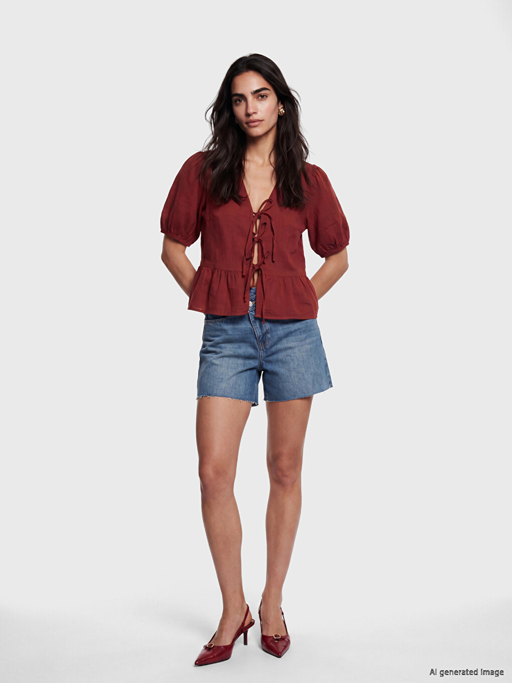 V Neck Puff Sleeve Blouse-1