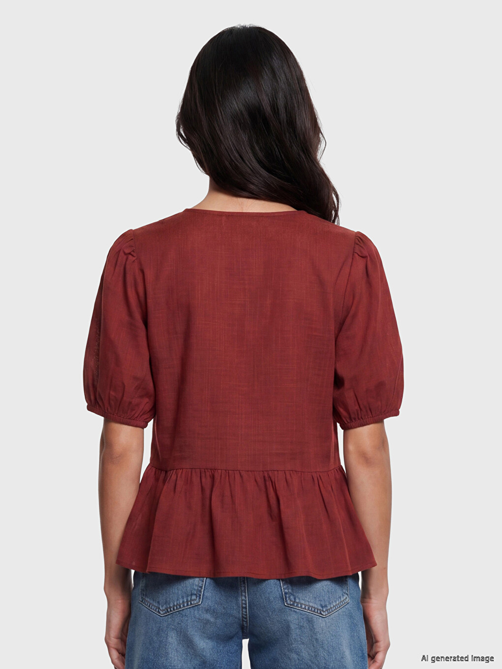 V Neck Puff Sleeve Blouse-3