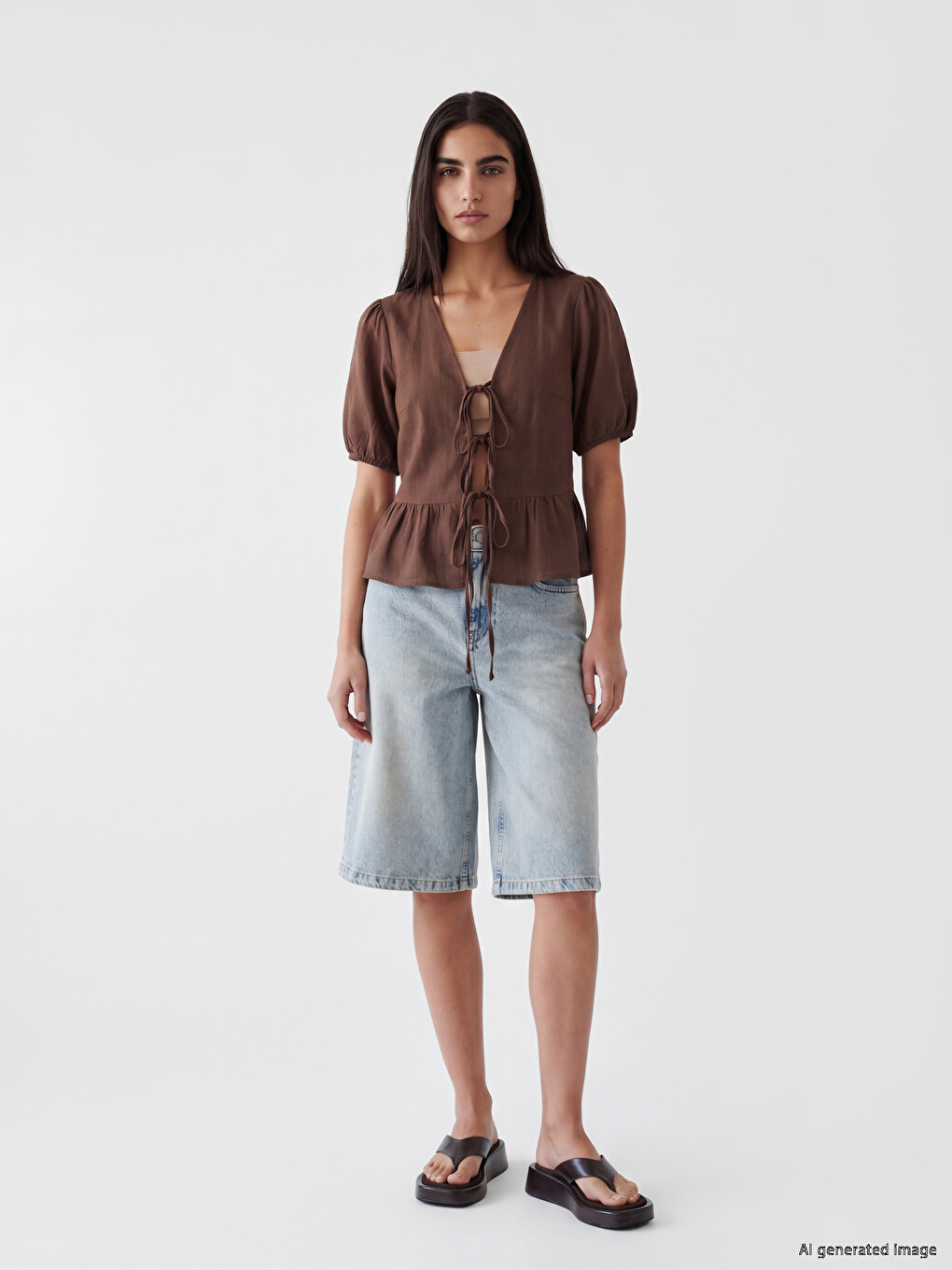 V Neck Puff Sleeve Blouse-1