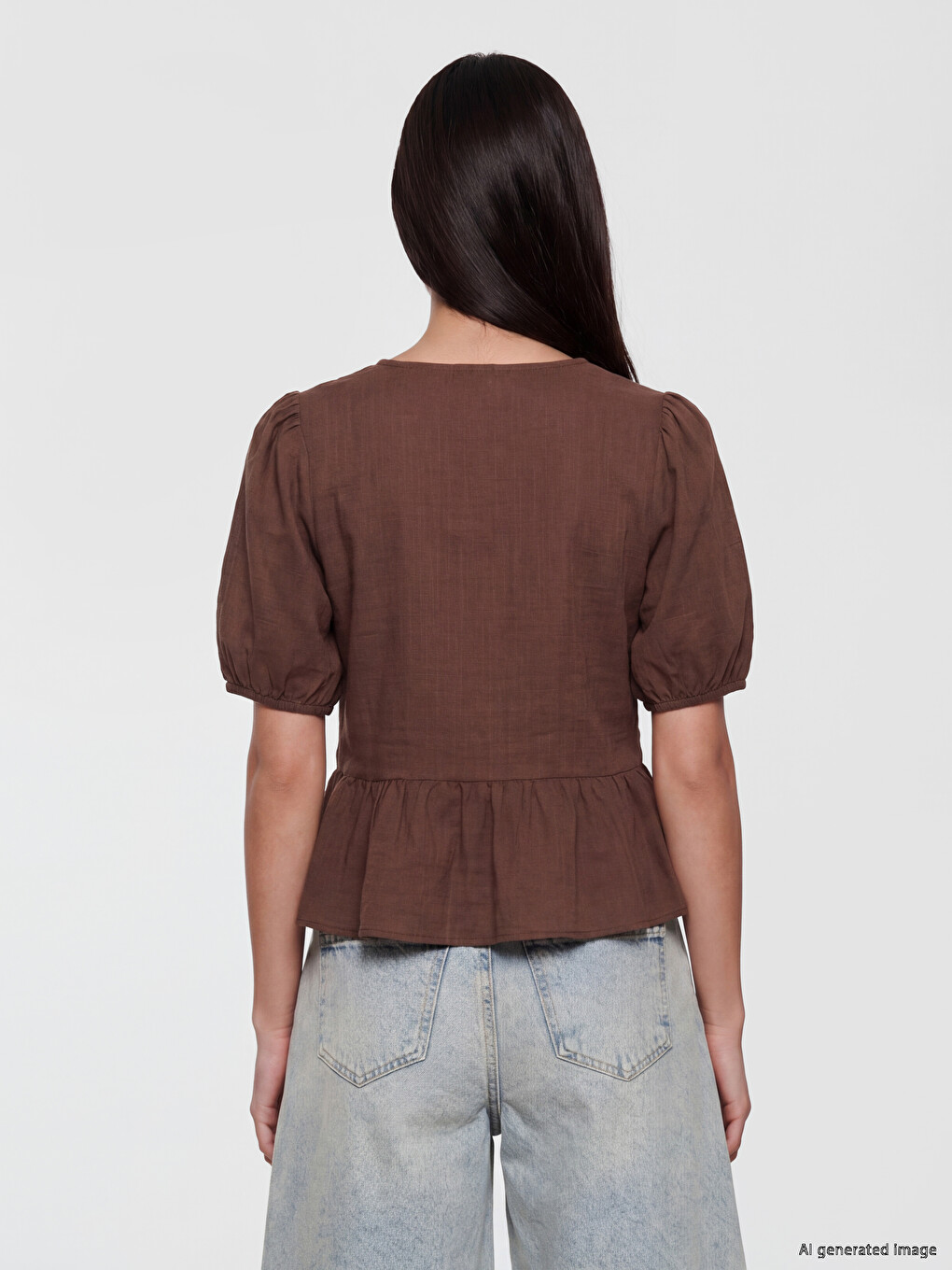 V Neck Puff Sleeve Blouse-3