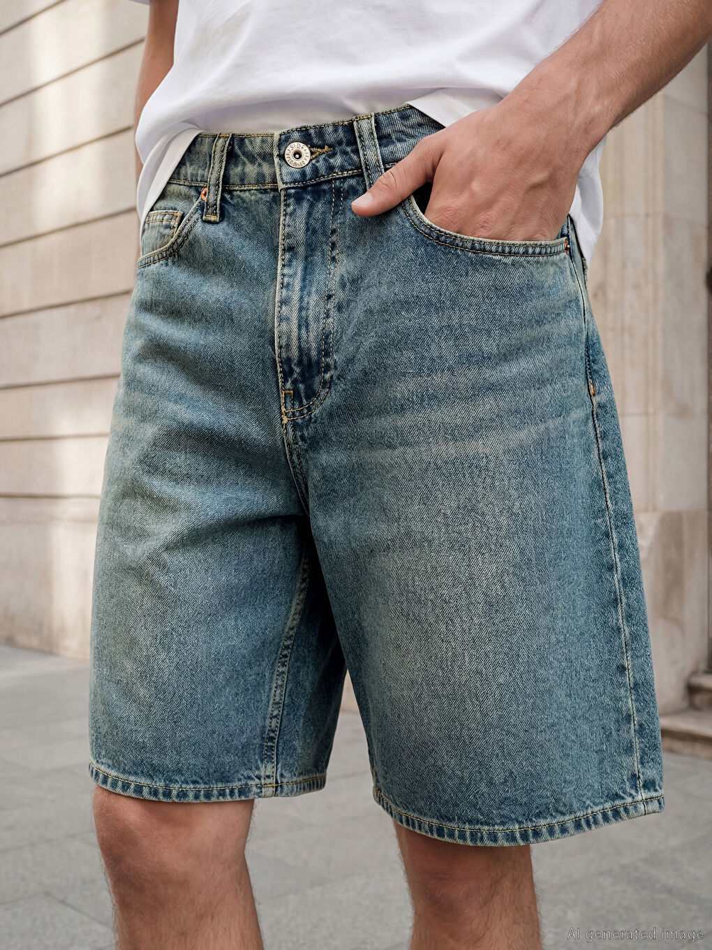 Lacivert Standart Kalıp Erkek Jean Şort-1