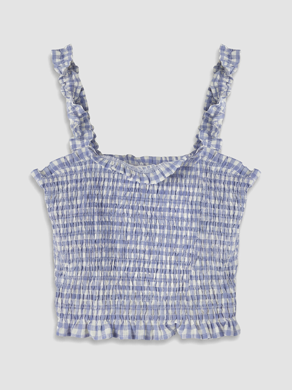 Mavi Kare Yaka Gipe Detaylı Fırfırlı Crop Bluz