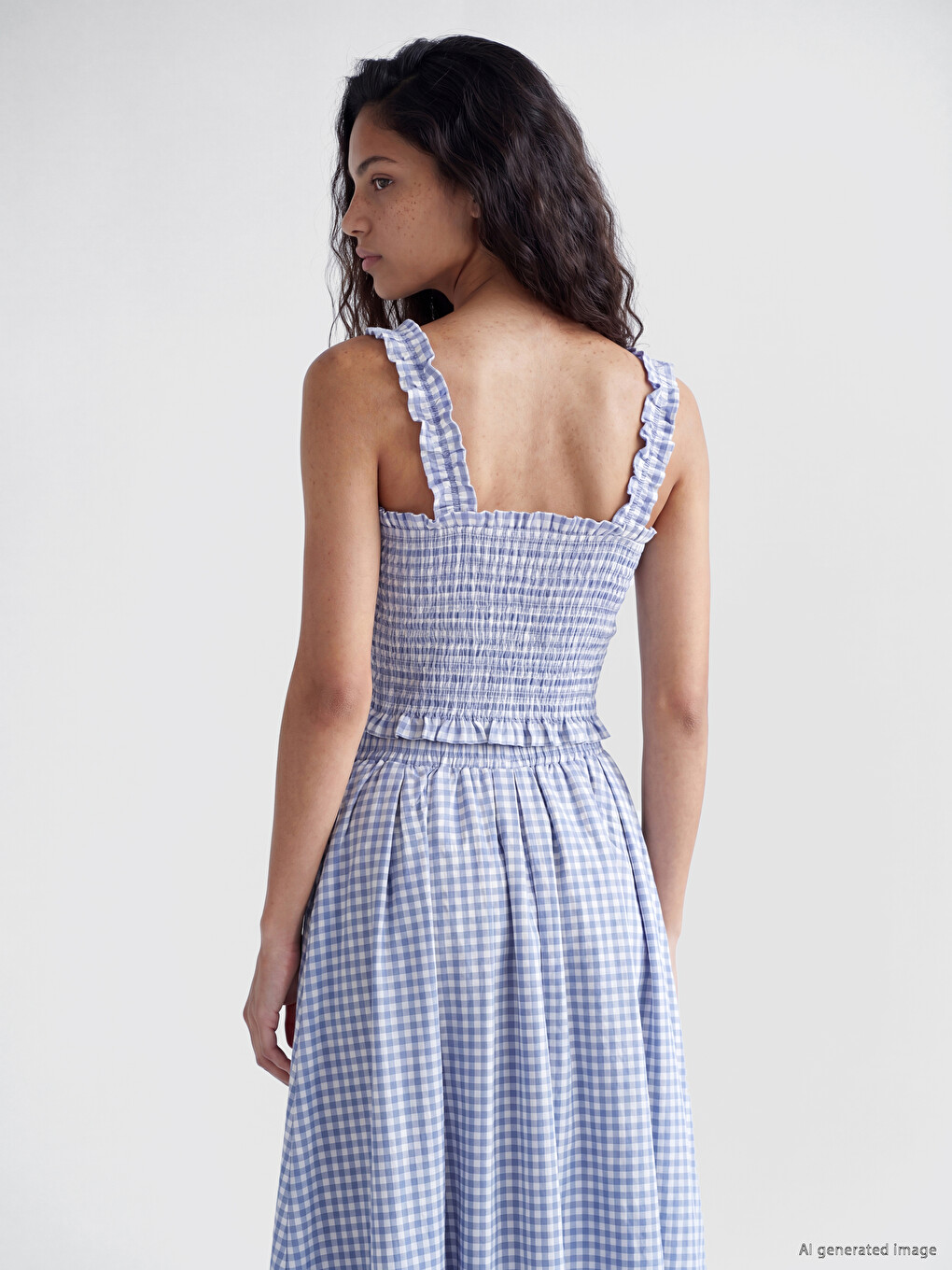 Mavi Kare Yaka Gipe Detaylı Fırfırlı Crop Bluz-3